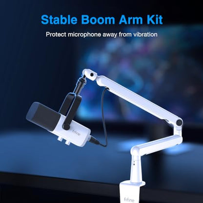 FIFINE Gaming XLR/USB Microphone and Mic Stand Bundle,RGB Dynamic Mic with Mute Button,Volume Control, Low Profile Boom Arm Kit with Cable Management for Recording Video Creation (AM8W+BM88W)