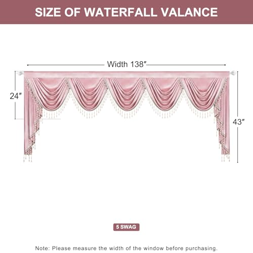 Grand Pink Velvet Waterfall Valance 138 Inches Wide, Luxury Swag Curtains with Thick Beaded Tassels, Elegant European Style Window Treatment for Master Bedroom & Open Concept Living Room - color: Pink, size: 138"W x 43"L (Pack of 1)