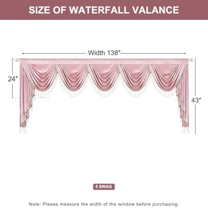 Grand Pink Velvet Waterfall Valance 138 Inches Wide, Luxury Swag Curtains with Thick Beaded Tassels, Elegant European Style Window Treatment for Master Bedroom & Open Concept Living Room - color: Pink, size: 138"W x 43"L (Pack of 1)
