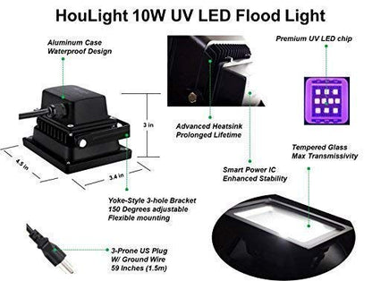 UV LED Blacklight, HouLight High Power 10W LED Black Light Floodlight IP65-Waterproof (85V-265V AC) for Blacklight Party Supplies, Neon Glow, Glow in the Dark, Birthdays, Blacklights, Curing - style: 10 Watts