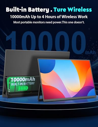18.5" True Wireless Portable Monitor, 1080P FHD, 10000mAh Battery, Wireless Screen Mirroring (AirPlay/Miracast), Auto Rotation for Phone/Tablet, USB‑C & Mini HDMI, VESA, Protective Sleeve Included - size: 18.5"