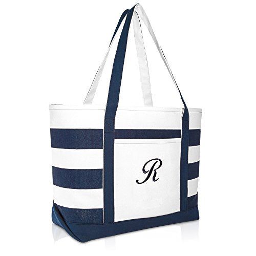 DALIX Premium Beach Bags Striped Navy Blue Zippered Tote Bag Monogrammed A - Z - color: R