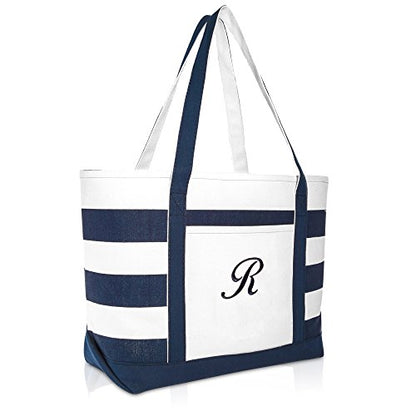 DALIX Premium Beach Bags Striped Navy Blue Zippered Tote Bag Monogrammed A - Z - color: R