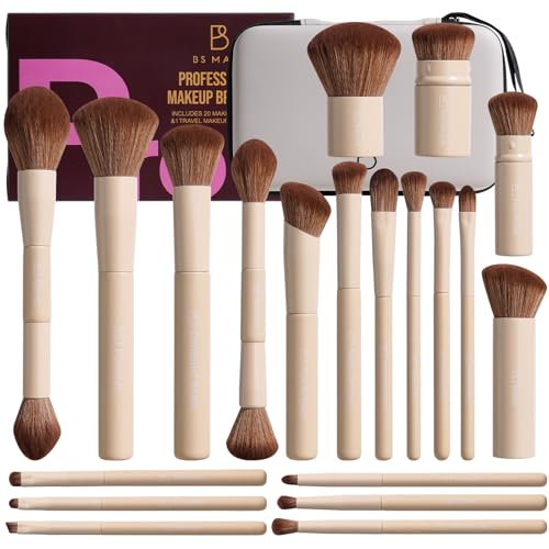 Professional Makeup Brushes BS-MALL With Travel Case - Kabuki Brush Eyeshadow Brush, Concealer Brush, Blush Brush Bronzer & Foundation 20 Pcs, Labeled Daily Use Gift Box Aluminum Ferrules (Beige) - color: Beige