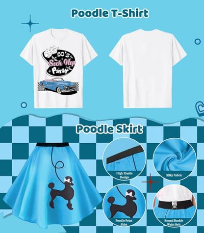1950s Poodle Skirt Outfit Women 50s Sock Hop Costume T Shirt Accessories - color: Blue-sockhop, size: Small