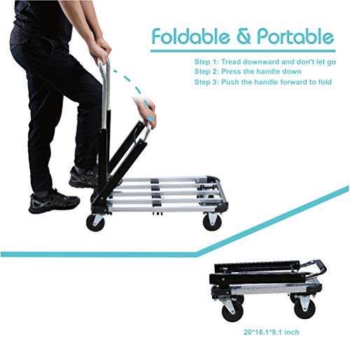 LEADALLWAY Foldable Push Cart Aluminum Alloy Platform Cart with 4-Wheel,Adjustable Length,330-LB Capacity(with 2 Ropes) | 4-Wheel,Adjustable Length,330-LB Capacity with 2 Ropes