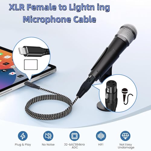 XLR to i Phone Microphone Cable,6.6FT XLR Female to Light ning Microphone Cable for Dynamic Microphones or Recording Karaoke Sing,Compatible with i-Phone 14/13/12 pro max,i-Pad 9/8/7