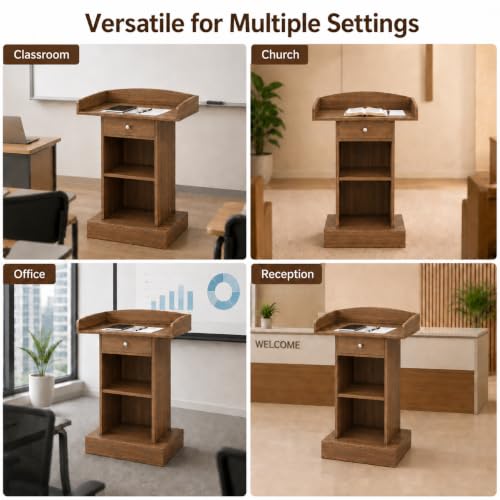 Teacher Podium Stand Lectern Wooden Drawer Lectern Podium 42in Height Wooden Storage Drawer Brown for Classroom Office Reception School Seminar Floor Standing(Brown)