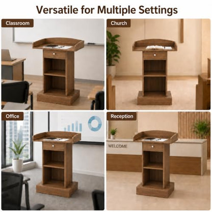 Teacher Podium Stand Lectern Wooden Drawer Lectern Podium 42in Height Wooden Storage Drawer Brown for Classroom Office Reception School Seminar Floor Standing(Brown)