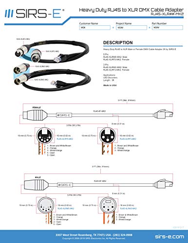 SIRS-E RJ45 to XLR DMX 케이블 0.9m(3피트) - DMX512 LED 조명, 컨트롤러 및 디코더용 3핀 XLR 수 - RJ45 수 어댑터 - Neutrik 커넥터, 미국 제조 - size: 3 PIN, style: 남성