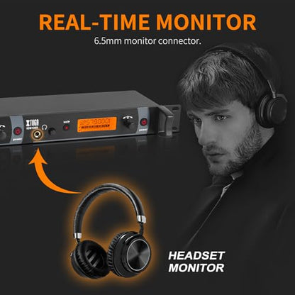 XTUGA IEM1200 Wireless in Ear Monitor Dual Channel 4 Bodypacks Ear Monitors Musicians, 2 x 40 Frequencies, Rack Mount, 300Ft Range, UHF Wireless IEM Used for Church, Band and Studio - size: 4 Bodypacks
