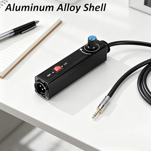AUX to XLR Isolation Box, 3.5mm TRS to 3-Pin XLR Hum Eliminator with Volume Control, Built-in Audio Transformer & Ground Lift Switch, 3.3ft Cord, Removable Gold Coated AUX Plug