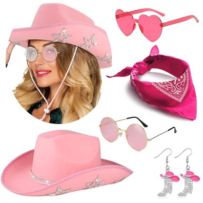 GIFIKOI Cowgirl Outfits Star Cowboy Hat Sparkly Boots Earrings Bandana Sunglasses for Women Western Costume Accessories - color: Pink