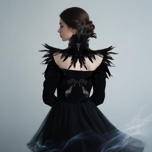 2Pcs Witch Feather Shawl Wrist Cuff for Women | Gothic Crow Shrug Shawl, for Halloween, Feather Costume Accessories - color: Black