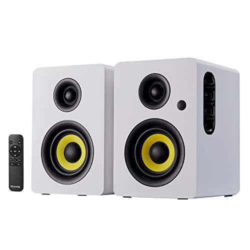 Sanyun SW206 80W 2.0 Active Bookshelf Speakers, Dual-Mode Creator & Music | 4" Carbon Fiber + 25mm Silk Dome, 24bit DAC, 6.35mm TRS Balanced + (Optical/Coaxial/AUX/USB/BT) Inputs, MDF, (Pair, White) - color: White