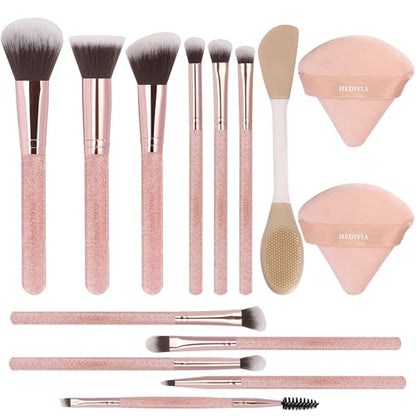 Pink Makeup Brushes Set 14 Pcs Professional, Synthetic Foundation Concealer Powder Blush Eyeshadow Brushes with 2 Powder Puffs & Dual-ended Mask Applicator, Gifts for Women Teen Girls - color: Pink