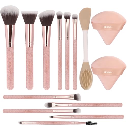 Pink Makeup Brushes Set 14 Pcs Professional, Synthetic Foundation Concealer Powder Blush Eyeshadow Brushes with 2 Powder Puffs & Dual-ended Mask Applicator, Gifts for Women Teen Girls - color: Pink