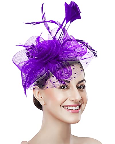 Fascinator Tea Party Hat Women 20s 50s Wedding Cocktail Flower Mesh Feathers Hair Clip for Carnival Halloween - color: A-purple