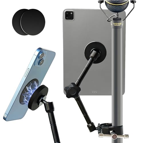 Magnetic Tablet Holder for Mic Stand, Full Metal Phone & iPad Music Stand, Compatible with All Models of iPad and iPhone Devices, Adjustable at Any Angle