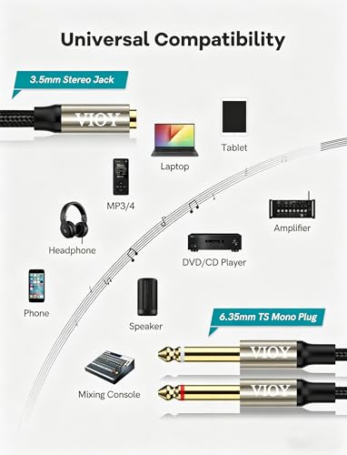 VIOY 3.5mm to Dual 1/4 Inch Audio Splitter Cable, Gold Plated 1/8" TRS Female to Dual Quarter Inch 6.35mm TS Mono Male Plug Braided Stereo Breakout Cable 35cm/13.8inch - size: 1 ft
