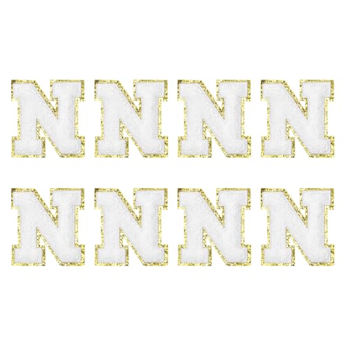 MECCANIXITY Chenille Letter Patches 2.2" Self Adhesive Alphabet N Stick on Embroidered Patch Sew on Letter Stickers Applique for Repairing Clothing Jeans Shoes Hats DIY(White, Pack of 8) - style: Letter N