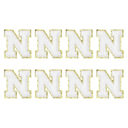 MECCANIXITY Chenille Letter Patches 2.2" Self Adhesive Alphabet N Stick on Embroidered Patch Sew on Letter Stickers Applique for Repairing Clothing Jeans Shoes Hats DIY(White, Pack of 8) - style: Letter N