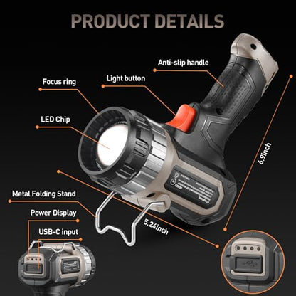 FORTO Compact Rechargeable Spot Light with Adjustable Focus | 1400 Lumens,120000 Candela,2700Ft Range,Handheld Spotlight with Stand,3 Light Modes for Hunting Boating Camping Hiking - color: Brown