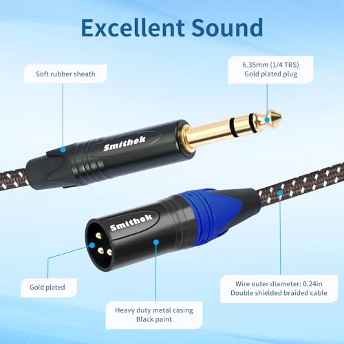 Smithok 1/4" to XLR Cable,Heavy Duty Nylon Braided,Gold Plated Plug,Balanced 1/4" TRS to XLR Male Patch Cable, Quarter Inch 6.35mm to 3pin XLR Male Microphone Cable -10ft(3M)