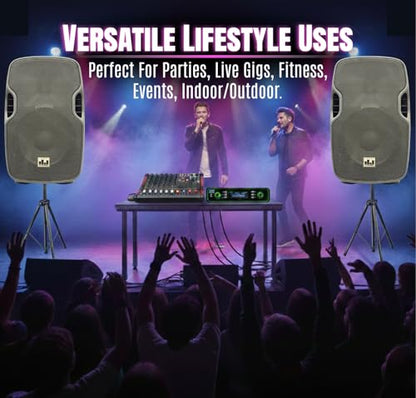 Pa System with Wireless Microphone and Speakers 10" 2000W Built-in Amp | Audio Mixer for DJ party PA kit with Wireless UHF Mic, 6-channel mixer, Dual Wireless UHF mic, 800W Speaker and Dual Stands - size: 10 inch