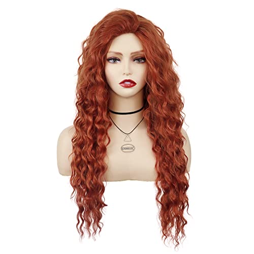 Long Ginger Red Curly Wig Merida Costume Fluffy Waves Free Part Hairline - color: Red