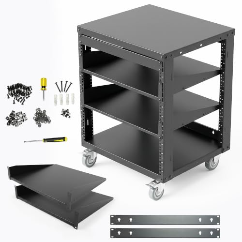 AxcessAbles 12U Open Frame Network & AV Rack with Caster Wheels, Two 2U Shelves, 10-32 & Cage Nut Compatible Rails, Cage Nuts, Screws, Cage Nut Tool & Wall Mount Kit | 19-Inch Rack - size: 12U - 2 Shelves