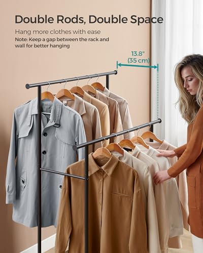 SONGMICS Clothes Rack with Wheels, Steel Garment Rack with Shelf | Clothing Rack for Hanging Clothes, 38.8 Inches, Loads up to 220 lb, Black and Rustic Brown, COLTEN Collection UHSR152B01 - color: Black, style: Double Rod