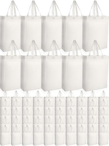 Jexine 72 Pcs Non Woven Tote Bags Bulk, Reusable Large Gift Bags with Handles, Grocery Bag for Party Favors, 14 x 10 Inch - color: Beige