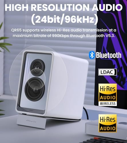 Edifier QR65 RGB Light Desktop Active Monitor, 70W RMS, Hi-Res Audio, White | LDAC Bluetooth 5.3, 2.75" Long-Throw Aluminum Diaphragm mid-Low Drivers, 65W TurboGaN Charging, SUB Out, Multi Inputs, Stands - color: White