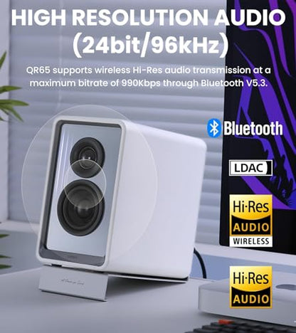 Edifier QR65 RGB Light Desktop Active Monitor, 70W RMS, Hi-Res Audio, White | LDAC Bluetooth 5.3, 2.75" Long-Throw Aluminum Diaphragm mid-Low Drivers, 65W TurboGaN Charging, SUB Out, Multi Inputs, Stands - color: White