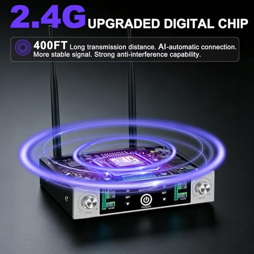 Wireless Microphone System with 400ft Receiving Distance for Singing | 2.4 Automatic Channel Connection Professional Metal 2 Wireless Microphones for Singing Karaoke DJ Church