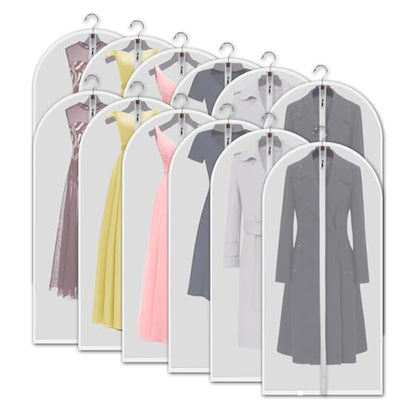 Garment Bags 12 Pack, 24x60 Inch Clothes Covers, Extra Long | Dust Proof Breathable PEVA, Full-Length Zipper, 12 Extra-Long Bags, for Gowns, Dresses and Whole-Family Storage - size: 24" x 60" 12 Piece Set