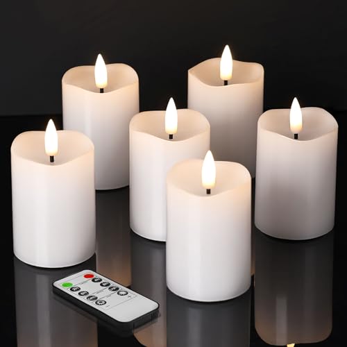 White Flameless Votive Candles with Remote Batteries Set of 6 | 2x3 inch Small Flickering LED Pillar Candles, Battery Powered, Real Wax Coating, Home Table Shelf Decor - color: White