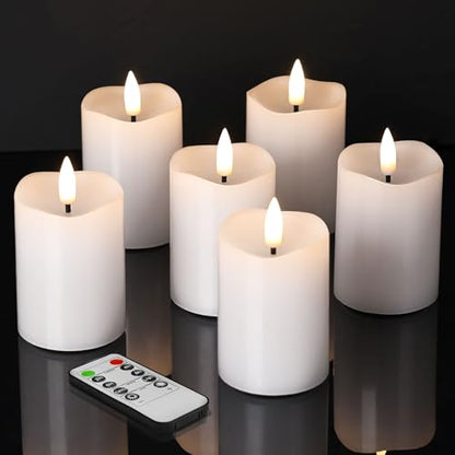 White Flameless Votive Candles with Remote Batteries Set of 6 | 2x3 inch Small Flickering LED Pillar Candles, Battery Powered, Real Wax Coating, Home Table Shelf Decor - color: White