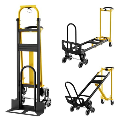 Heavy Duty Aluminum Hand Truck, 3-in-1 Convertible Folding Dolly Cart, Stair Climbing Hand Truck with Wheels, Industrial Platform Trolley for Warehouse, Home, Office & Transport Moving - color: Yellow+black