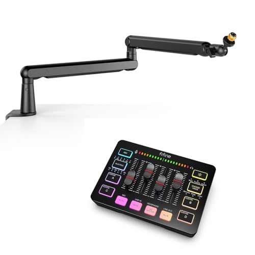 FIFINE Low Profile Microphone Boom Arm with Audio Mixer, Gaming Streaming Equipment Bundle with Angle Adjustment, Cable Management, XLR Mic Interface, Mute for Podcast, Recording, Vocal (BM88+SC3)
