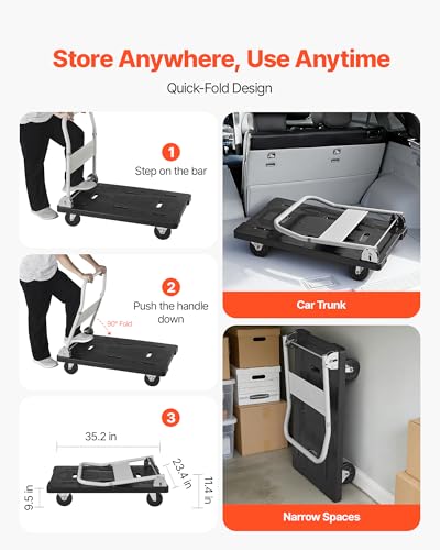 VEVOR Foldable Push Cart Dolly, 660 lbs Capacity, Folding Platform Truck with Swivel Wheels, Moving Platform Hand Truck Flatbed Cart, Space Saving Push Handle, for Easy Storage, 35.2 x 23.4 x 33.5 in - size: 35.2 x 23.4 x 33.5 in/ 895 x 595 x 850 mm