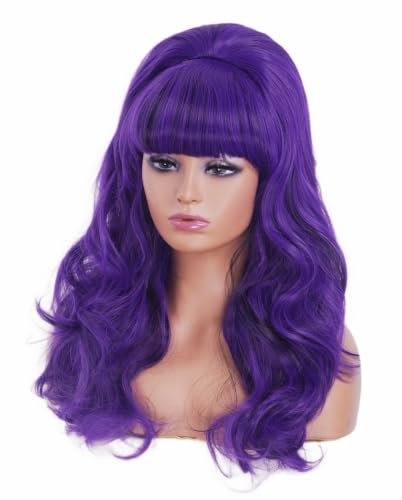 Rugelyss Long Wavy Purple Mixed Black Wigs for Women Fashion Synthetic Full Head Hair Wig with Bang and Bun for Cosplay Costume or Halloween Party - color: purple black