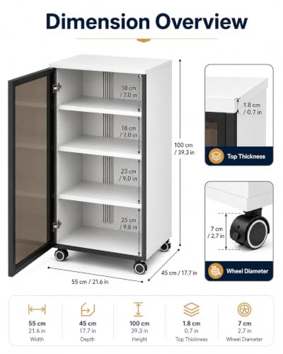 4-Tier White Media Cabinet with Glass Door & Adjustable Shelves | 198 lb Capacity, Clear Tempered Glass with Metal Frame, Ventilated Design, Cable Management, and Locking Caster Wheels - color: White, size: 4-tier