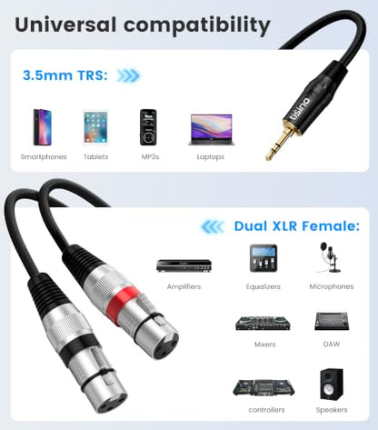 Tisino 2 Female XLR to 3.5mm TRS Y Splitter Mic Cable, Unbalanced, 3.3 FT | 3.5mm to Dual XLR Female Stereo Aux to XLR Cable for Mixer/Camera/PA System, Gold-Plated OFC Shielded HiFi Audio Y-Cord - size: 3.3 feet