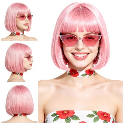Short Bob Straight Hair Wigs with Bangs, Synthetic Fiber Colorful Hair, Cat Eye Glasses for Women (Pink) - color: Pink