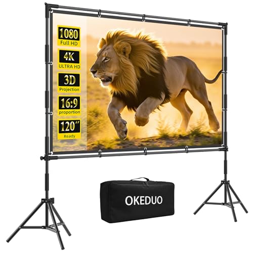 120-in Projector Screen with Stand, Outdoor Indoor Portable Movie Screen 16:9 Detachable Wall-Mount & Bracket Dual Use Wrinkle-Free Washable Front & Rear Projection Screen for Backyard Watch Gym Game