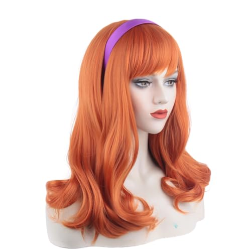 Long Curly Orange Daphne Wig Halloween Costume Party Wig for Adult (Free Purple Headband) - color: Orange