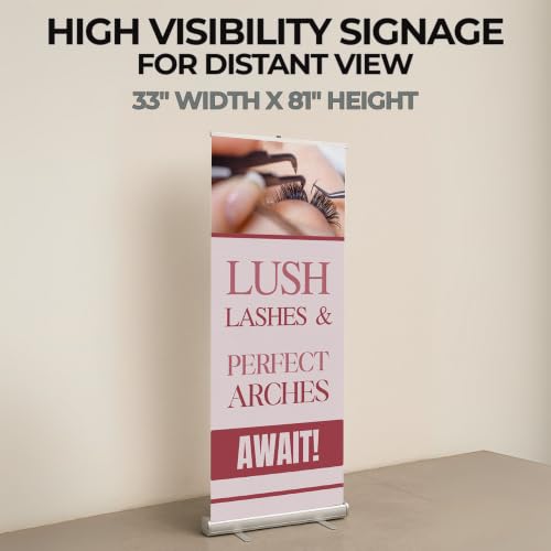 Lashes & Brows Retractable Stand Banner by DC | 33"x81" Roll-Up Display | Lush Lashes Perfect Arches Await Vertical Pull-Up Banner for Trade Shows & Events | Made in USA | (Stand Not Included) - color: Lush Lashes Perfect Arches Await, size: Retractable B