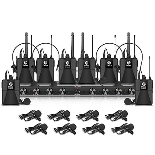 D Debra Audio AU800 Pro UHF 8 Channel Wireless Microphone System with Cordless Handheld Lavalier Headset Mics, Metal Receiver, Ideal for Karaoke Church Party (8 Bodypack) - color: 8 Bodypack